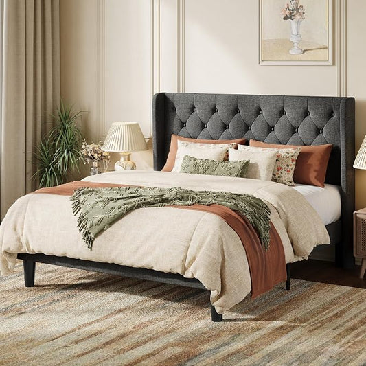SHA CERLIN Full Size Upholstered Platform Bed Frame with Wingback Headboard, Tufted Linen Fabric, Wooden Slats Support, Easy Assembly, No Box Spring Needed, Dark Grey