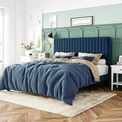 Allewie Full Bed Frame, Velvet Upholstered Platform Bed with Adjustable Vertical Channel Tufted Headboard, Mattress Foundation with Strong Wooden Slats, Box Spring Optional, Easy Assembly, Navy Blue