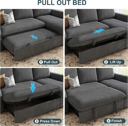 Sectional Sleeper Sofa with Pull Out Bed, Plush Corduroy Sectional Sofa with Double Storage Chaise and Adjustable Backrest, Cloud Sectional Couches for Living Room, Apartment, Light Grey