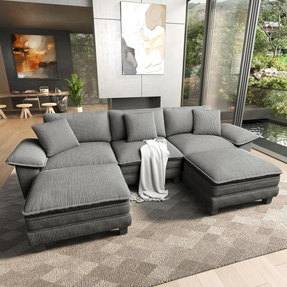 HERA'S HOUSE 124" Oversized Modular Sectional Sofa, Comfy U Shaped Couches for Living Room, Cloud Couch with Ottoman, 5-Seater Deep Seat Sofa with Throw Pillow, Corduroy Grey