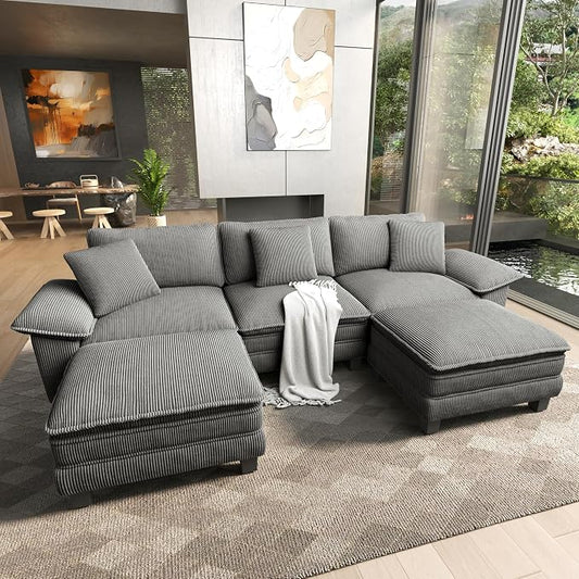 HERA'S HOUSE 124" Oversized Modular Sectional Sofa, Comfy U Shaped Couches for Living Room, Cloud Couch with Ottoman, 5-Seater Deep Seat Sofa with Throw Pillow, Corduroy Grey