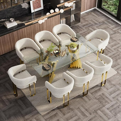 Boucle Dining Chairs Set of 9, White Barrel Dining Chairs with Arms and U-Shaped Mirrored Gold Legs, Modern Side Chairs for Dining Table, Kitchen and Dining Room Restaurant Recepition