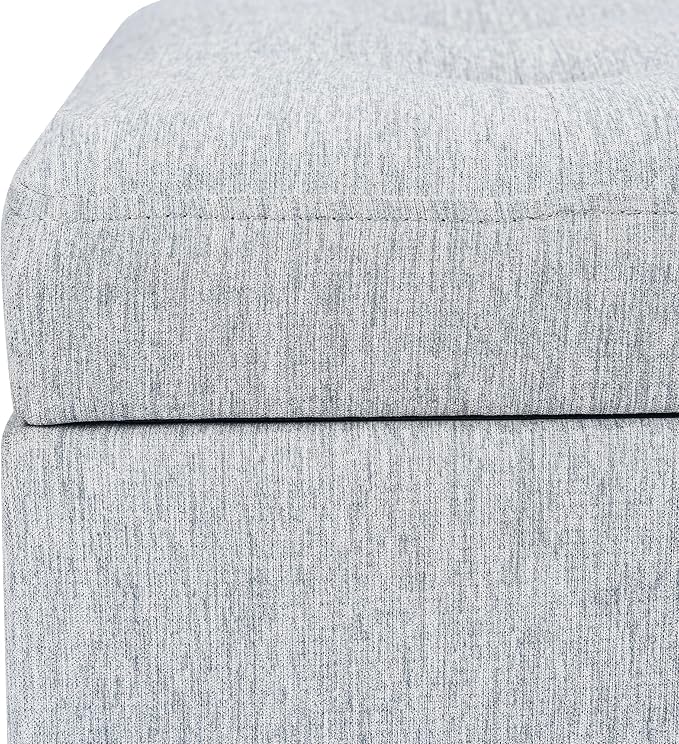 Adeco 18-inch Linen Storage Ottoman for Living Room & Bedroom, Upholstered Footrest Stool and Extra Seat with Safety Hinge Lid, Solid Wood Legs, Ice Grey