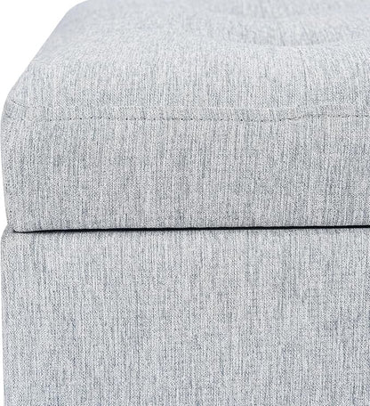 Adeco 18-inch Linen Storage Ottoman for Living Room & Bedroom, Upholstered Footrest Stool and Extra Seat with Safety Hinge Lid, Solid Wood Legs, Ice Grey