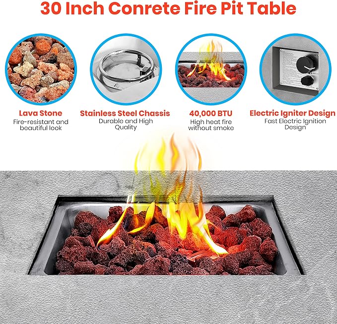 Outdoor Propane Fire Pit Table - CSA/ETL Certified Safe 40,000 Pulse Ignition Weatherproof Square Propane Gas Fire Table - Adjustable Flame, Thermocouple - PVC Cover, Lava Rock - SereneLife SLFPLG9
