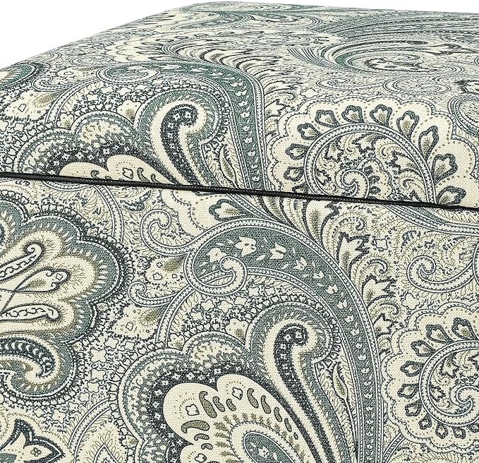 Adeco 18" Cube Storage Ottoman in Blue Paisley, Upholstered Linen Foot Stool & Accent Chair for Entryway, Vanity or Small Spaces