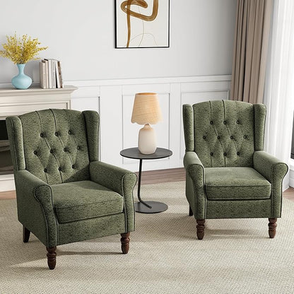 Mid-Century Modern Wingback Chair - Plush Upholstered Accent Armchair with Solid Oak Legs, Ergonomic High Back Lounge Chair for Living Room, Bedroom Office - Retro Modern Reading Chair Dark Green