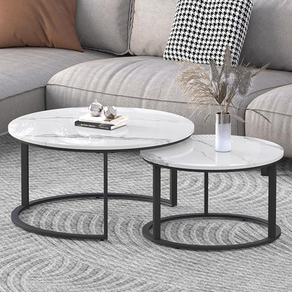 WiberWi Round Coffee Table Nesting Tables Set of 2, Large : Ø 33.5", Small : Ø 25.7", Modern Design Coffee Tables for Living Room, Metal Frame Circle Cocktail Table, High Glossy Faux White Marble