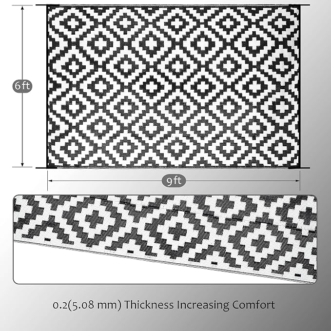 SAND MINE Waterproof Outdoor Rug 6x9 ft, Reversible Mats, Modern Area Rug, Large Floor Mat and Rug for Outdoors, RV, Patio, Backyard, Deck, Picnic, Beach, Trailer, Camping, Black & White Lattice