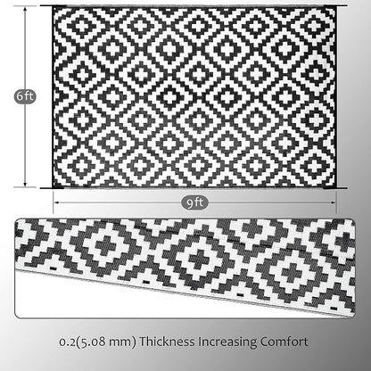 SAND MINE Waterproof Outdoor Rug 6x9 ft, Reversible Mats, Modern Area Rug, Large Floor Mat and Rug for Outdoors, RV, Patio, Backyard, Deck, Picnic, Beach, Trailer, Camping, Black & White Lattice
