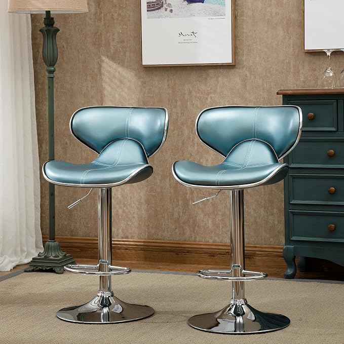 Roundhill Furniture Masaccio Cushioned Leatherette Upholstery Airlift Adjustable Swivel Barstool with Chrome Base, Set of 2, Blue
