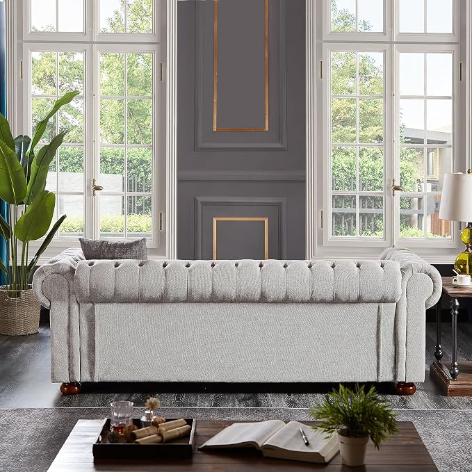 Chesterfield Sofa, 89" Mid Century Modern Couch with Low Back, Roll Arm Nailhead Trim Classic 3 Seater Couch for Living Room, Office, Apartment, Linen Light Grey