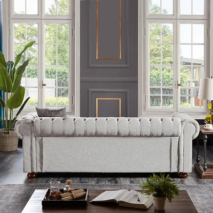 Chesterfield Sofa, 89" Mid Century Modern Couch with Low Back, Roll Arm Nailhead Trim Classic 3 Seater Couch for Living Room, Office, Apartment, Linen Light Grey
