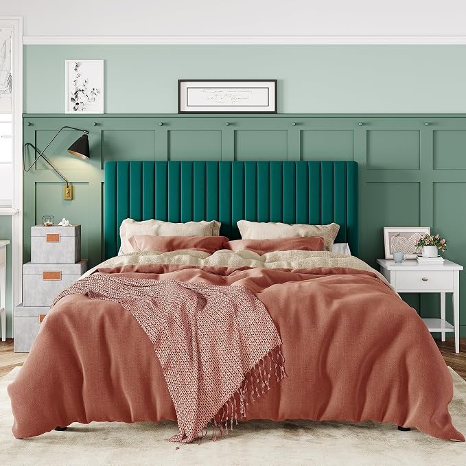 Allewie Full Bed Frame, Velvet Upholstered Platform Bed with Adjustable Vertical Channel Tufted Headboard, Mattress Foundation with Strong Wooden Slats, Box Spring Optional, Easy Assembly, Teal