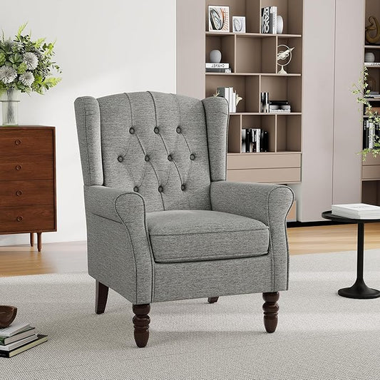 Pia Ricco High Back Floral Accent Chair - Retro Wingback Upholstered Armchair with Nailhead Trim, Solid Wood Legs, Fabric Living Room Bedroom Reading Chair (Light Gray)