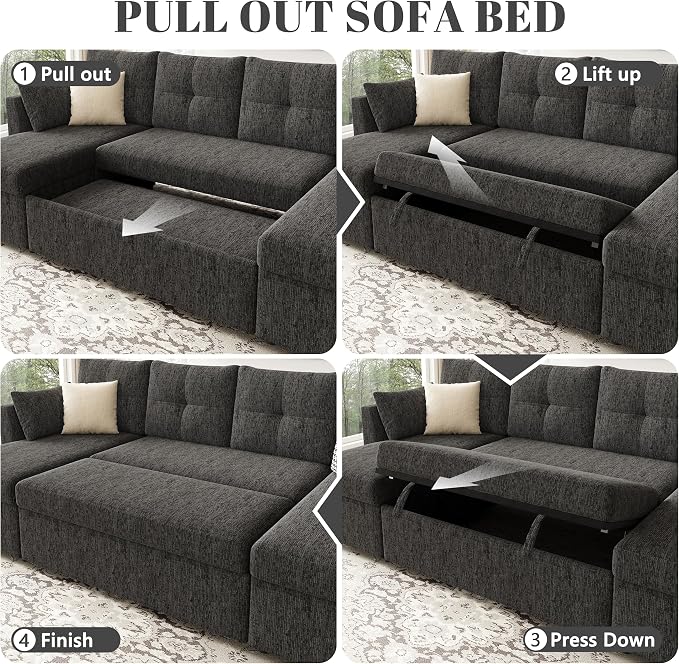 Huatean Home Oversized Sleeper Sofa Couch, 110 inch 2 in 1 Pullout Couch Bed with Side Pockets for Living Room, Sectional Sleeper Sofa Bed with Double Storage Chaise, Black
