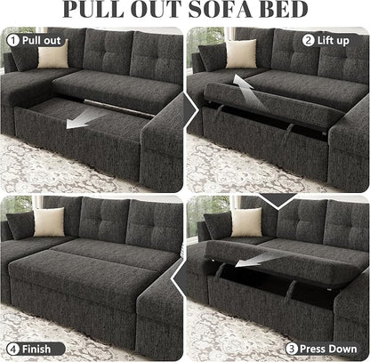 Huatean Home Oversized Sleeper Sofa Couch, 110 inch 2 in 1 Pullout Couch Bed with Side Pockets for Living Room, Sectional Sleeper Sofa Bed with Double Storage Chaise, Black