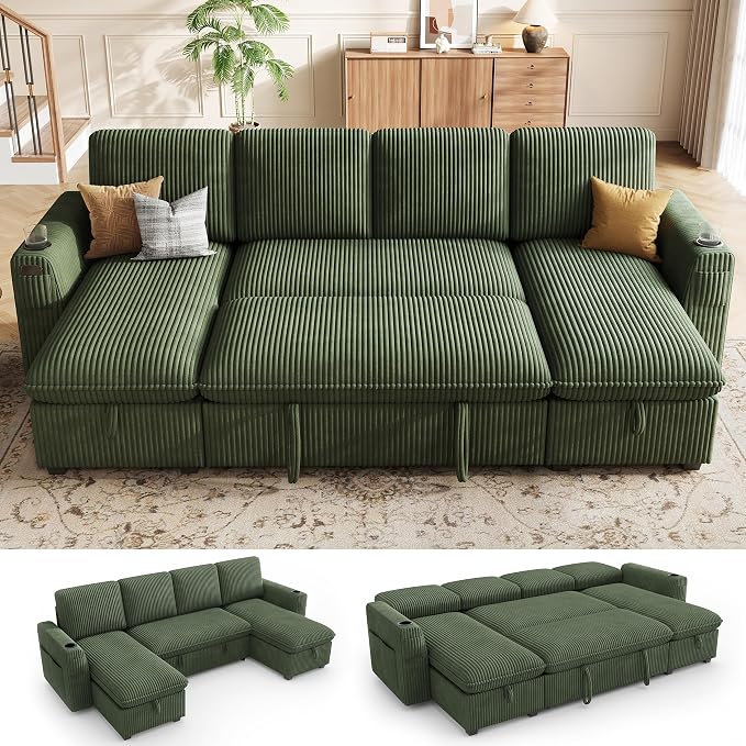 Sectional Sleeper Sofa with Pull Out Bed, Plush Corduroy Sectional Sofa with Double Storage Chaise and Adjustable Backrest, Cloud Sectional Couches for Living Room, Apartment, Green