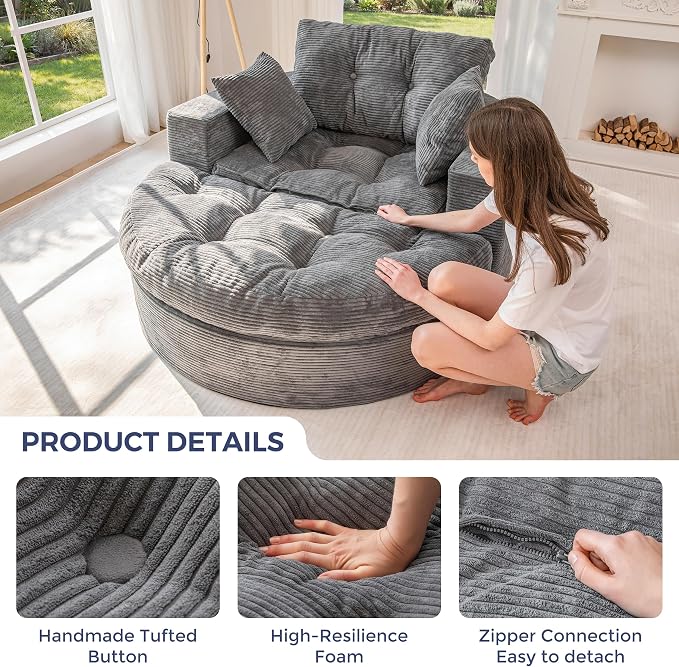 MAXYOYO L Shape Sectional Sofa Couch and Round Chaise Lounge, Modern Cloud Couch with Ottoman, Comfy Sofa with Layered Cushion, Tufted Upholstered Chair for Living Room, No Assembly Required