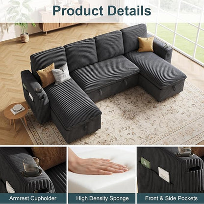 Sectional Sleeper Sofa with Pull Out Bed, Plush Corduroy Sectional Sofa with Double Storage Chaise and Adjustable Backrest, Cloud Sectional Couches for Living Room, Apartment, Dark Grey