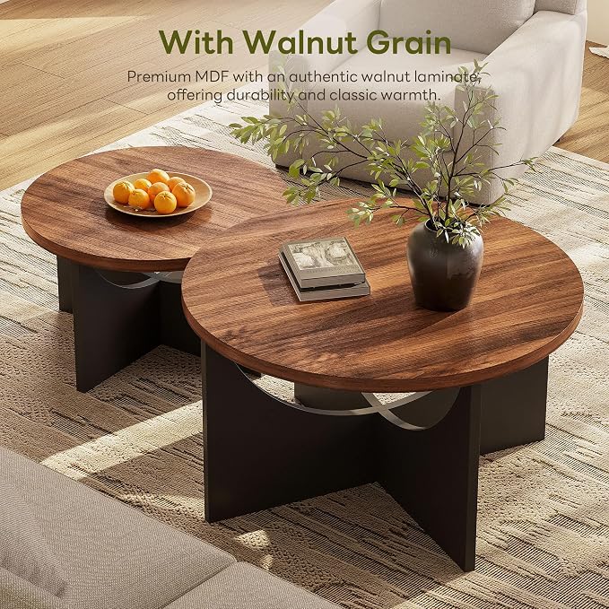 LIKIMIO Nesting Coffee Tables Set of 2, 31.5" Round Side Tables for Living Room, Wooden End Table, Walnut