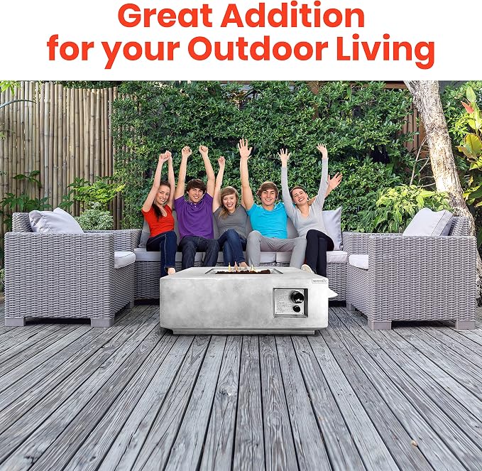 Outdoor Propane Fire Pit Table - CSA/ETL Certified Safe 40,000 Pulse Ignition Weatherproof Square Propane Gas Fire Table - Adjustable Flame, Thermocouple - PVC Cover, Lava Rock - SereneLife SLFPLG9
