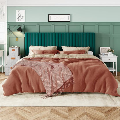 Allewie King Bed Frame, Velvet Upholstered Platform Bed with Adjustable Vertical Channel Tufted Headboard, Mattress Foundation with Strong Wooden Slats, Box Spring Optional, Easy Assembly, Teal