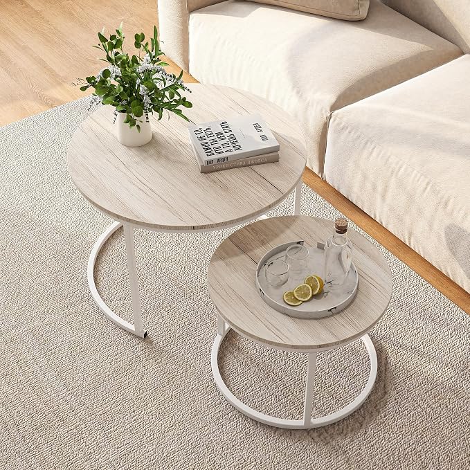 HOJINLINERO Round Coffee Table,Nesting Coffee Table Set of 2,Center Tables for Living Room,Office, Home Small Space,Stacking Side Tables,Sturdy and Easy Assembly,Wood Desktop,Oak+White,Large
