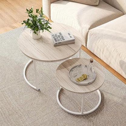 HOJINLINERO Round Coffee Table,Nesting Coffee Table Set of 2,Center Tables for Living Room,Office, Home Small Space,Stacking Side Tables,Sturdy and Easy Assembly,Wood Desktop,Oak+White,Large