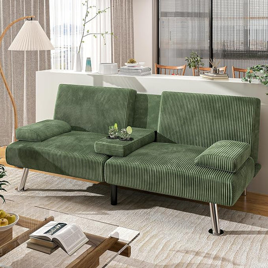 Shahoo Modern Upholstered Convertible Folding Futon Sofa Bed with Removable Armrests, Metal Legs, 2 Cup Holders for Living Room, Green