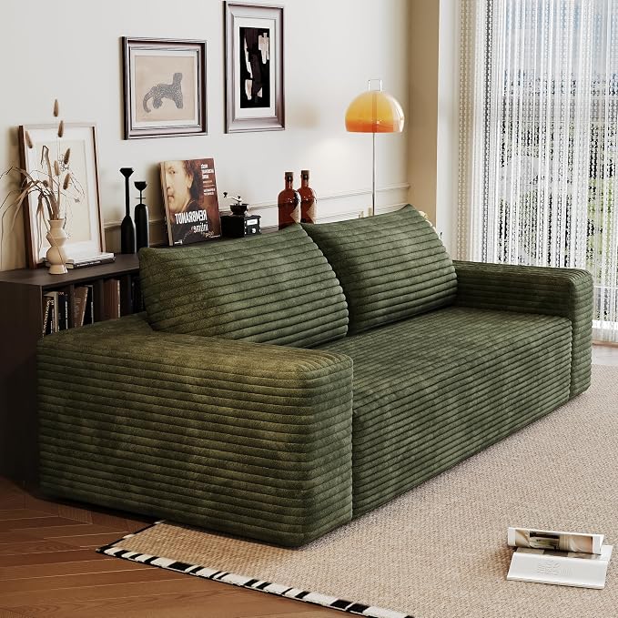 JINGLING 71" Small Couches for Small Spaces, Memory Foam Loveseat Corduroy Couch in a Box, Compressed Boneless Sofa for Living Room Bedroom, Apartment Furniture, No Assembly Required, Green