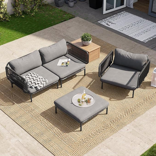 Crestlive Products Outdoor Patio Furniture Set, 4 Seater Modular Oversized Patio Conversation Set with Cushions, Modern Metal Sectional Outdoor Couch for Backyard, Deck, Porch, or Poolside, Dark Grey