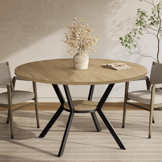 MECHYIN 42'' Round Dining Table for 2–4, Farmhouse Round Kitchen Table with Storage Shelf, Pedestal Dinner Table, Wood Top & Metal Base, Small Space Table for Apartment, Dining Room, Light Oak
