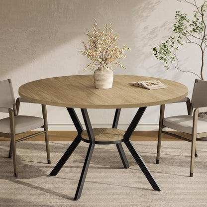 MECHYIN 42'' Round Dining Table for 2–4, Farmhouse Round Kitchen Table with Storage Shelf, Pedestal Dinner Table, Wood Top & Metal Base, Small Space Table for Apartment, Dining Room, Light Oak