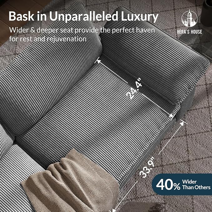 HERA'S HOUSE 124" Oversized Modular Sectional Sofa, Comfy U Shaped Couches for Living Room, Cloud Couch with Ottoman, 5-Seater Deep Seat Sofa with Throw Pillow, Corduroy Grey
