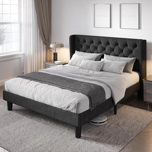 Allewie Full Size Bed Frame with Button Tufted Wingback Headboard, Modern Upholstered Bed Frame with Solid Wooden Slats Support - No Box Spring Needed, Easy Assembly, Black