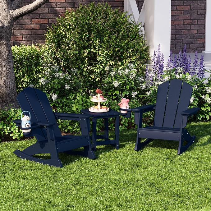 Costaelm Paradise 3-Piece Kids Table and Chairs Set with Toddler Rocking Chairs and Cup Holders, Navy Blue