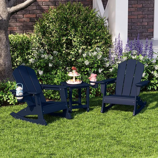 Costaelm Paradise 3-Piece Kids Table and Chairs Set with Toddler Rocking Chairs and Cup Holders, Navy Blue