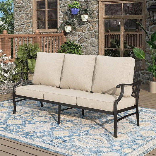 MIXPATIO Patio Couch Metal 3-Seat Outdoor Sofa Deep Seating Outdoor Furniture Beige Cushion for Front Porch, Deck, Balcony, Backyard, Sunroom