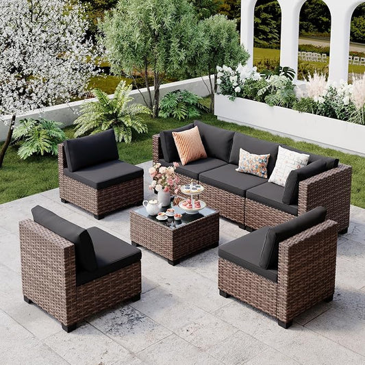 Qsun 7 Pieces Outdoor Patio Furniture Set, All-Weather PE Rattan Outdoor Patio sectional Furniture with Cushions and Glass Table, for Garden, Backyard, Porch, Black