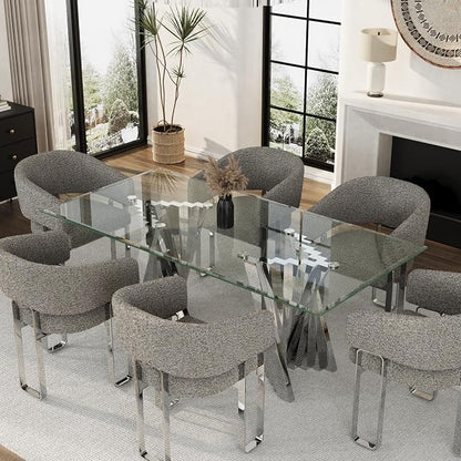 Modern Dining Chairs, Boucle Upholstered Dining Room Chairs, Grey Sherpa Barrel Armchair with Curved Backrest and Polished Silver U-Shaped Legs，Set of 6（Only Chairs）