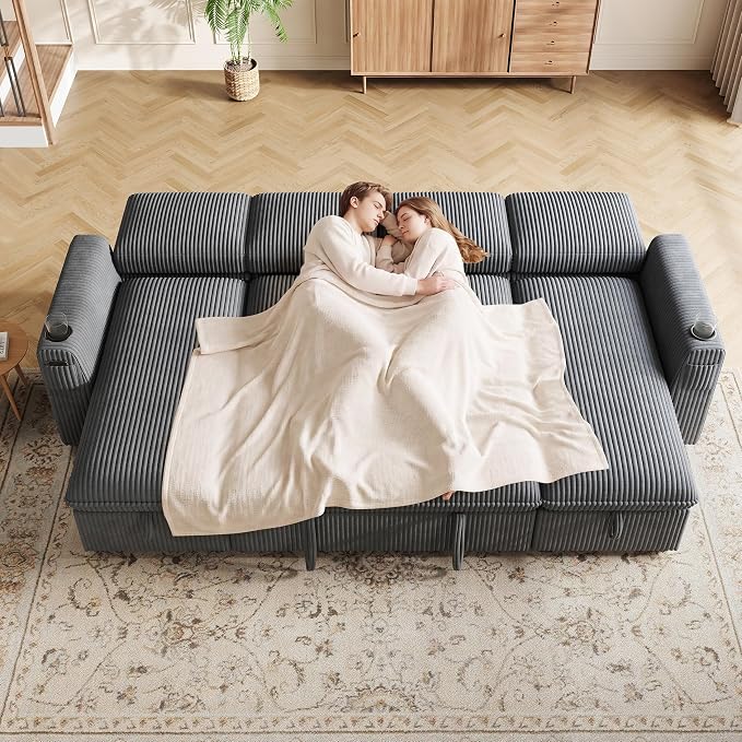 Sectional Sleeper Sofa with Pull Out Bed, Plush Corduroy Sectional Sofa with Double Storage Chaise and Adjustable Backrest, Cloud Sectional Couches for Living Room, Apartment, Light Grey