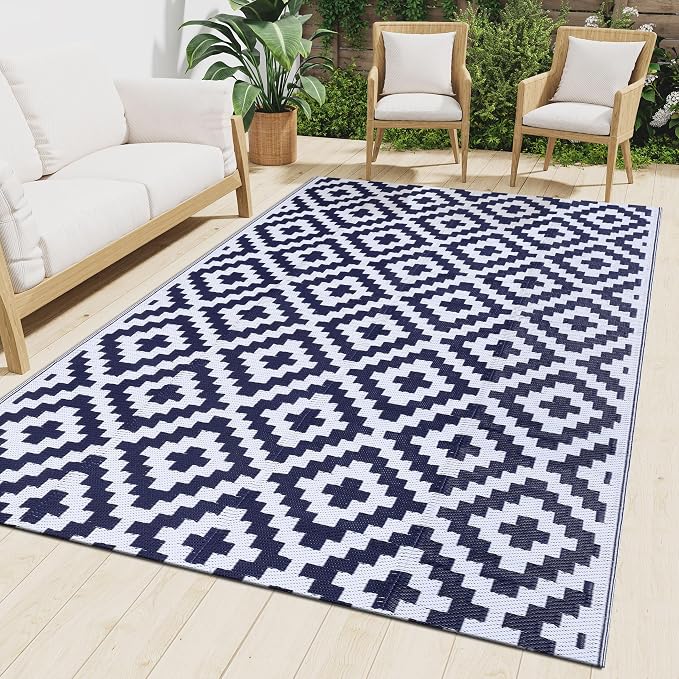 Smiry Waterproof Outdoor Rug 10X14 ft, Reversible Plastic Straw Patio Camping Rugs, Outdoor Indoor RV Mat Carpet for Patio, Outside Entry, Backyard, Deck, Bench, Picnic, Camper, White & Navy