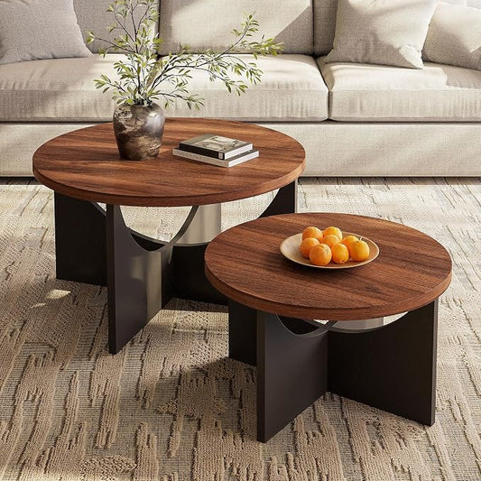 LIKIMIO Nesting Coffee Tables Set of 2, 31.5" Round Side Tables for Living Room, Wooden End Table, Walnut