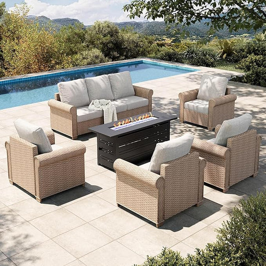 HERA'S HOUSE Patio Furniture Set, 4 x Cushioned Chairs, 3-Seat Sofa with Wood Grain Coffee Table, 5 Seats Luxury Windsor Style All Weahter Outdoor Sofa Conversation Set for Deck Lawn Backyard