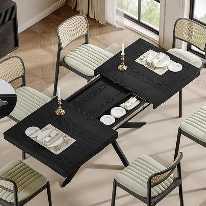 MECHYIN Extendable Dining Room Table for 4 6 8, 55"-70.9" Rectangle Kitchen Table,Wood Expandable Dining Table with Hidden Leaf & Storage, Space Saving,for Kitchen Dining Living Room, Natural Black,