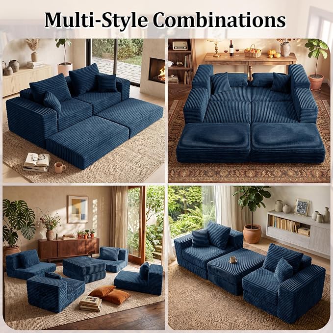 75'' L-Shaped Cloud Modular Sectional Couch with Chaise, Modern Corduroy Memory Foam Sofa Bed, Upholstered Boneless Deep Seat Fluffy Sleeper Sofa, for Living Room, No Assembly Needed (Blue)