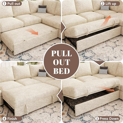 108 Inch Modular Sectional Sofa with Pull Out Bed,U Shaped 7 Seat Sectional Sleeper Sofa with Storage,Sectional Couches for Living Room,Cloud Modular Couch,Removable Sofa Cover,Beige