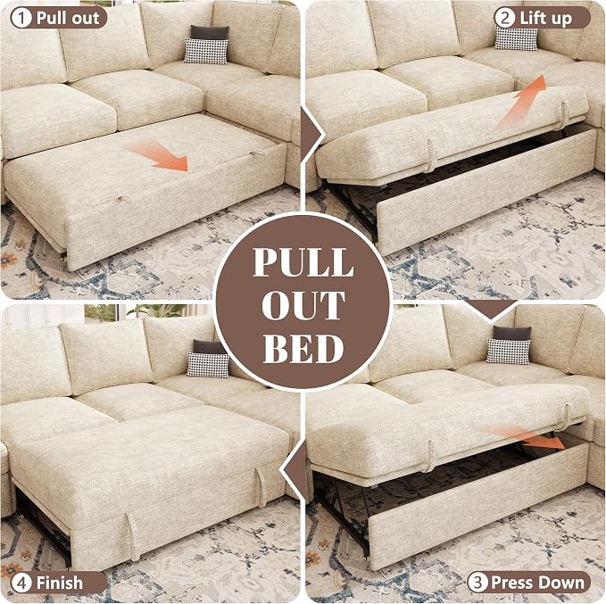 85 Inch Modular Sectional Sofa with Pull Out Bed, L Shaped 5 Seat Sectional Sleeper Sofa with Storage, Sectional Couches for Living Room, Cloud Modular Couch, Removable Sofa Cover, Beige