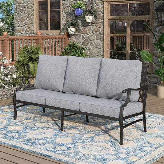 MIXPATIO Patio Couch Metal 3-Seat Outdoor Sofa Deep Seating Outdoor Furniture Grey Cushion for Front Porch, Deck, Balcony, Backyard, Sunroom